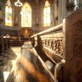 Close-up of a wooden church pew generated by artificial intelligence