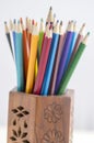 Close up of wooden colorful pencils, group of scattered crayons, isolate od white background Royalty Free Stock Photo