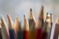 Close up of wooden colorful pencils, group of scattered crayons Royalty Free Stock Photo