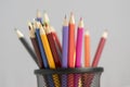 Close up of wooden colorful pencils, group of scattered crayons, isolate od white background Royalty Free Stock Photo