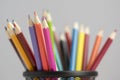 Close up of wooden colorful pencils, group of scattered crayons, isolate od white background Royalty Free Stock Photo