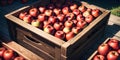 a close up of a wooden crate filled with red apples