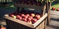 a close up of a wooden crate filled with red apples