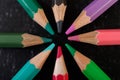 Close-up, wooden crayons arranged in a color wheel