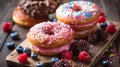 A close up of a wooden cutting board with three donuts and berries, AI Royalty Free Stock Photo