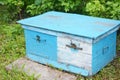 Close up on Wooden Dadant Blue Bee hive. Royalty Free Stock Photo