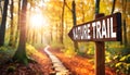 Wooden Directional Sign with Text Nature Trail in the Forest - Generative Ai Royalty Free Stock Photo