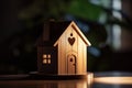 Close-up of a wooden figure of a small one-story house. A miniature statuette made of light wood stands on a table in Royalty Free Stock Photo