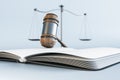 Close up of wooden gavel, scales and book/journal on light blue background. Lawyer, legal, justice and punishment concept. 3D