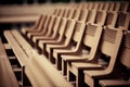 close-up of wooden grandstand, with a single free seat visible