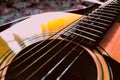 close-up of acoustic wooden guitar with five strings music classic bluegrass country folk musical instrumental background Royalty Free Stock Photo