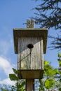 Close up wooden hand made birdhouse in colorful blue sky. Royalty Free Stock Photo