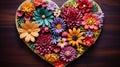 A close-up of a wooden heart-shaped vase filled with a variety of colorful, blooming flowers Royalty Free Stock Photo