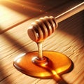 Close up of fresh golden honey slowly dripping from a wooden honey dipper Royalty Free Stock Photo