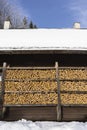 Close-up of wooden house walls with shelves holding firewood in Haanja, Estonia