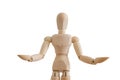 Close-up wooden human figure holding somethings, isolated on white background