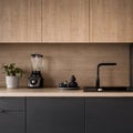 Kitchen countertop with black sink, close-up