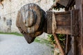 Close-up of a wooden medieval battering ram