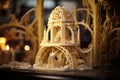 Close-Up of Wooden Model Building, Detailed Replica of Architectural Structure, The 3D printing machine creates the 3D prototype