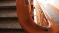 Close up of wooden old fashioned railings and staircase inside a house. Stock footage. Top view of granite stairs in the