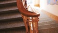 Close up of wooden old fashioned railings and staircase inside a house. Stock footage. Top view of granite stairs in the Royalty Free Stock Photo