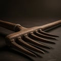 A close-up of a wooden pitchfork with five tines, showcasing its rustic texture and Royalty Free Stock Photo