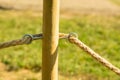 Close-up of wooden pole for delimitation with rope