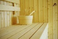 Wooden sauna bucket accessories interior of sauna spa Royalty Free Stock Photo