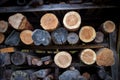 Close up of wooden sawed trees stacked