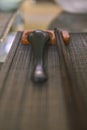 Close-up of wooden spoon and chopsticks next to a rattan rice bowl, inside is a traditional Vietnamese lunch, rice, soup, salty Royalty Free Stock Photo