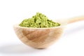 Close-up wooden spoon with green japanese matcha tea powder on white background. Selective focus, copy space Royalty Free Stock Photo