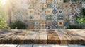 Close-up wooden table tiled wall background Royalty Free Stock Photo