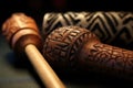 close-up of wooden tapa beaters and carved patterns