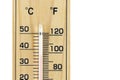 Close-up wooden thermometer scale isolated white background. Royalty Free Stock Photo