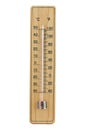 Close-up wooden thermometer scale isolated white background.