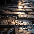 a close up of a wooden walkway with water on it