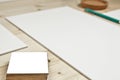 Close up white desk with business cards