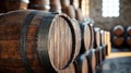 Close Up of Wooden Wine Barrels in a Cellar Royalty Free Stock Photo