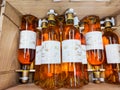 Close-up of a wooden wine box containing a great French syrupy white wine classified under the Sauternes appellation