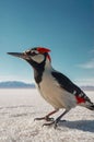 Vibrant Cardinal Woodpecker on Salt Flat Under a Clear Blue Sky Royalty Free Stock Photo