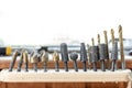 Close-up woodwork tool set. Rasp-file burr countersink kit. Carpentry woodworking workshop concept Royalty Free Stock Photo