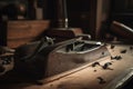 close-up of woodworker's hand plane, with freshly planed surface visible