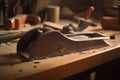 close-up of woodworker's hand plane, with freshly planed surface visible