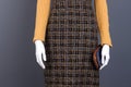 Close up wool woman dress on mannequin.