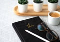 Close up the word `idea` on the black notebook together with pencil and glasses Royalty Free Stock Photo