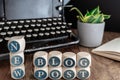 Words NEW BLOG POST on wooden blocks against vintage typewriter, potted plant and note pad on table. Royalty Free Stock Photo