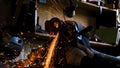 Close-up of worker cutting metal with grinder. Frame. Sparks while grinding iron. Circular cutting disc cuts of metal Royalty Free Stock Photo