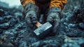 A close-up of a worker gloved hands holding a weathered hammer in a coal-covered industrial setting Royalty Free Stock Photo