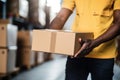 close up a worker moving Package Boxes on Pallet in Warehouse, hands visible. AI Generated