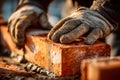 Close-up of a worker\'s gloved hands handling a red brick during construction Royalty Free Stock Photo